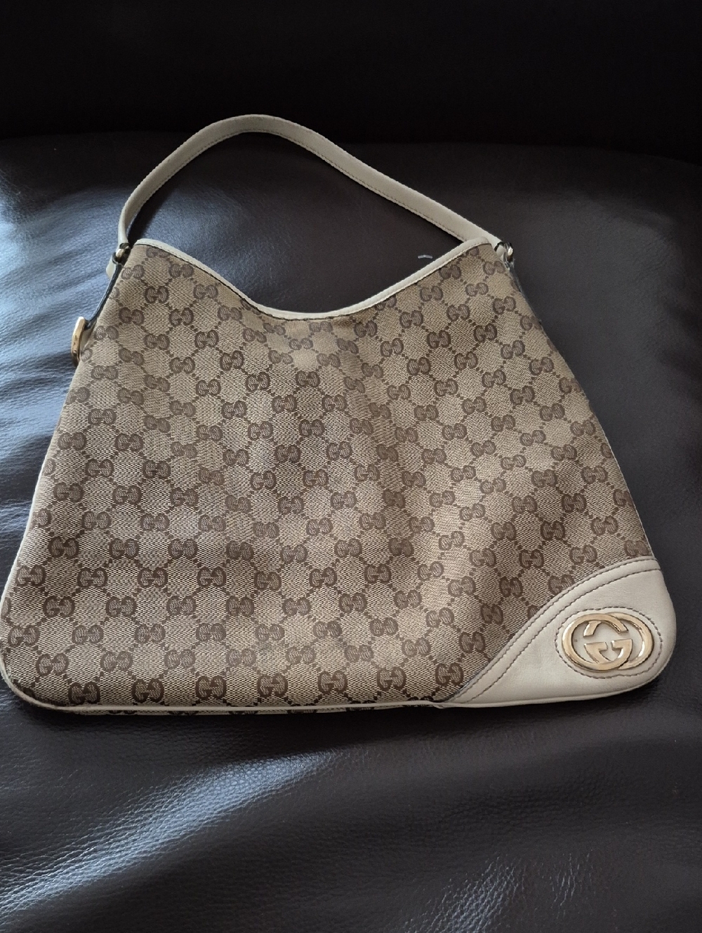 Gucci Brit  Brown GG Canvas Shoulder Bag with Cream Trim 169947
